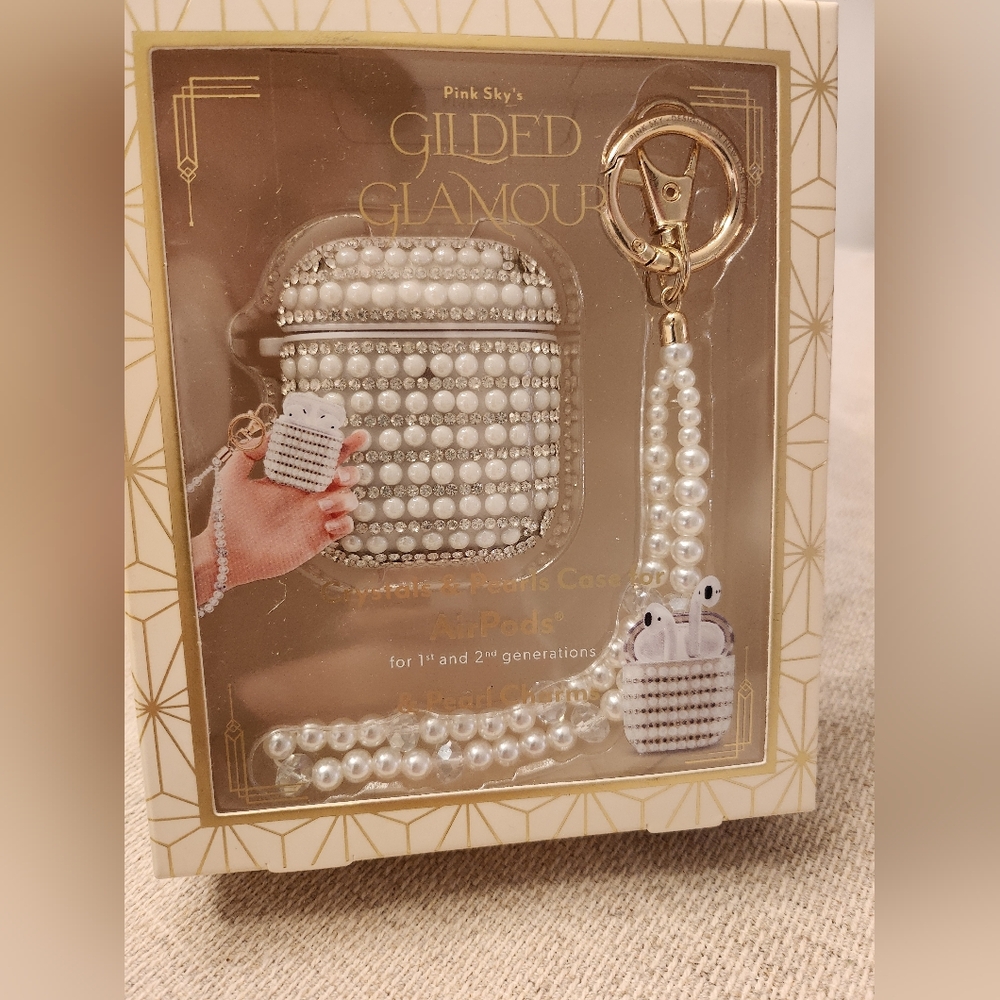 Gilded Glamour Crystal & Pearls Case For Air Pods & Chanrm Key Chain Holder NEW